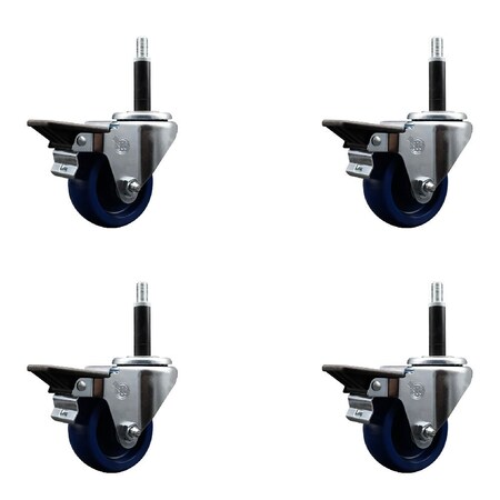 Service Caster 3'' Solid Poly Swivel 3/4'' Expanding Stem Caster Set with Brake, 4PK SCC-EX20S314-SPUS-PLB-34-4
